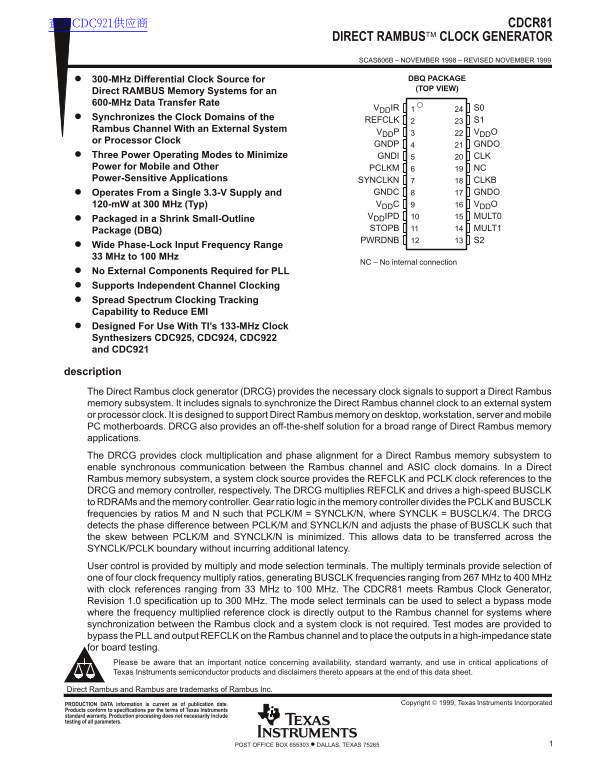 Texas Instruments CDCR81 Direct Rambus Clock Generator Data Sheet - Page 1