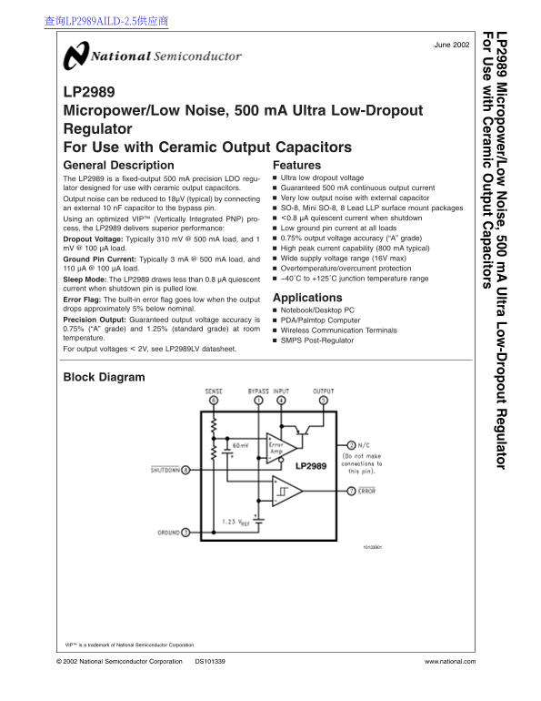 National Semiconductor LP2989 Micropower Low Noise, 500 mA Ultra Low-Dropout User Manual Data Sheet - Page 1