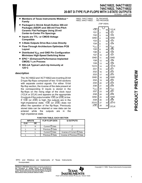 TEXAS INSTRUMENTS 54AC16822, 54ACT16822 74AC16822, 74ACT16822 20-BIT D-TYPE FLIP-FLOPS WITH 3-STATE OUTPUTS - Page 1