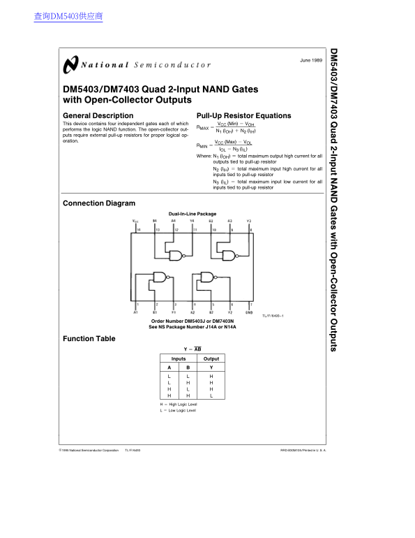 National Semiconductor DM5403 DM7403 Quad 2-Input NAND Gates with Open-Collector Outputs - Page 1