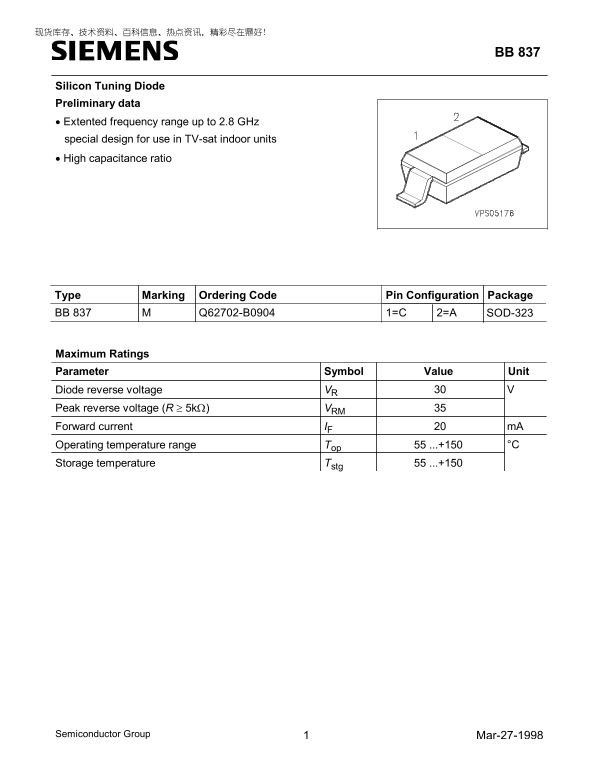 Siemens BB 837 Silicon Tuning Diode Data Sheet - Page 1