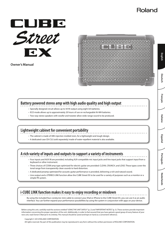 Roland CUBE Street EX Battery-Powered Stereo Speaker User's Manual - Page 1