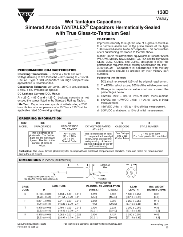 Vishay 138D Data Sheet - Page 1