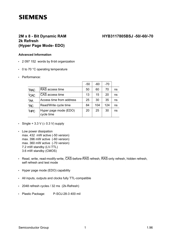 SIEMENS HYB3117805BSJ-50 -60 -70 Data Sheet - Page 1