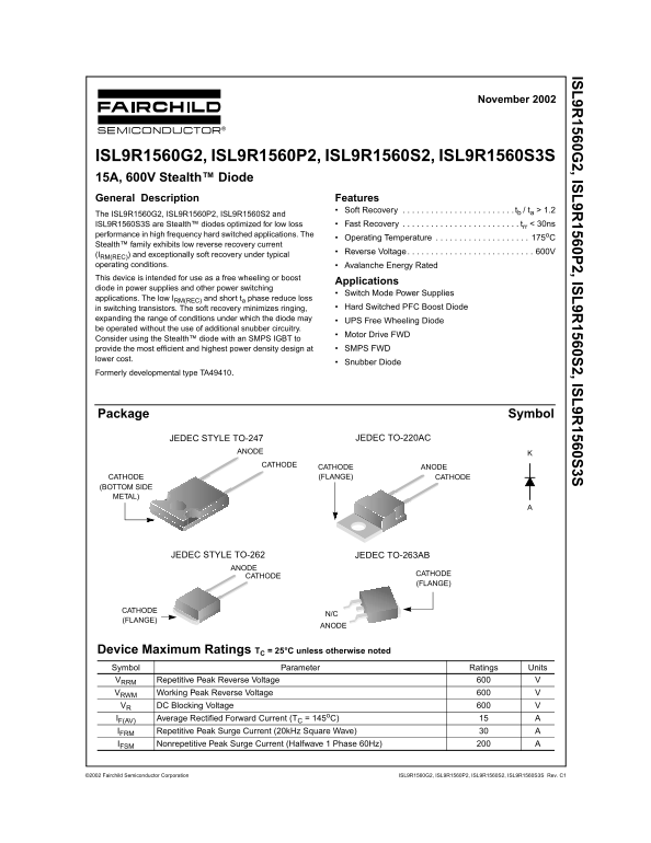 FAIRCHILD ISL9R1560G2, ISL9R1560P2, ISL9R1560S2, ISL9R1560S3 Stealth Diode Data Manual - Page 1