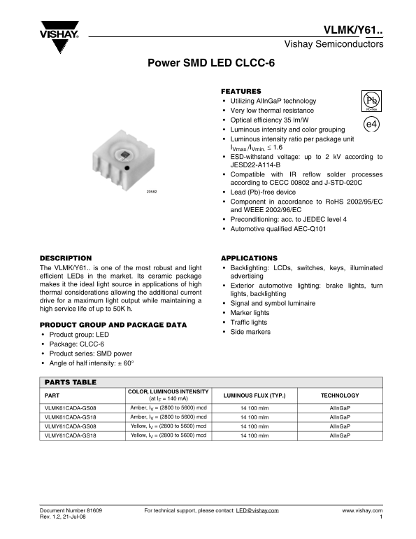 Vishay Semiconductor VLMK Y61 Product Specifications - Page 1