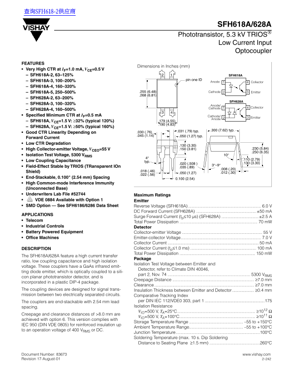 Vishay SFH618A 628A Data Sheet Manual - Page 1