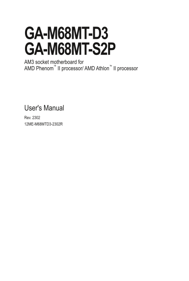 Gigabyte Motherboard GA- M68MT-D3 (rev. 2.3) User Manual in English (Version 2302) - Page 1