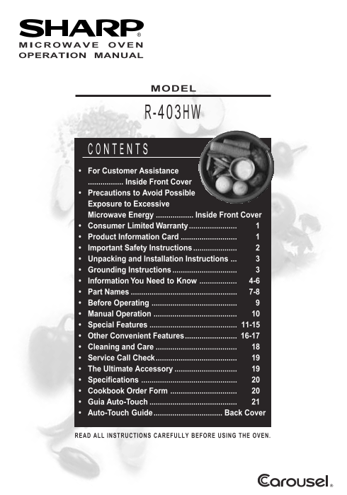 SHARP R-403HW Microwave User Guide - Page 1
