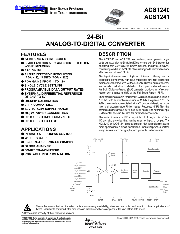 Texas Instruments ADS1240 ADS1241 Data Sheet Manual - Page 1