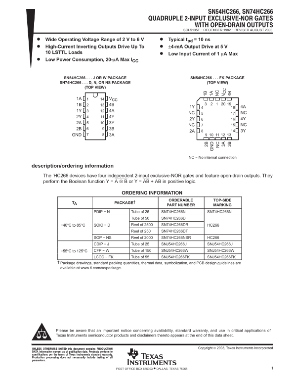 Texas Instruments SN54HC266 SN74HC266 Data Sheet Manual - Page 1