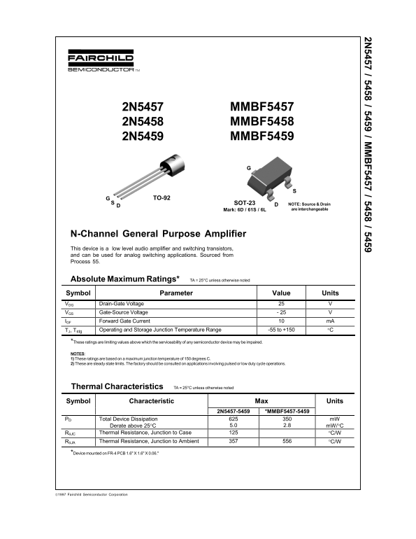 Fairchild 2N5457 2N5458 2N5459 Data Manual, MMBF5457 MMBF5458 MMBF5459 N-channel General Purpose Amplifier Specification Guide. - Page 1
