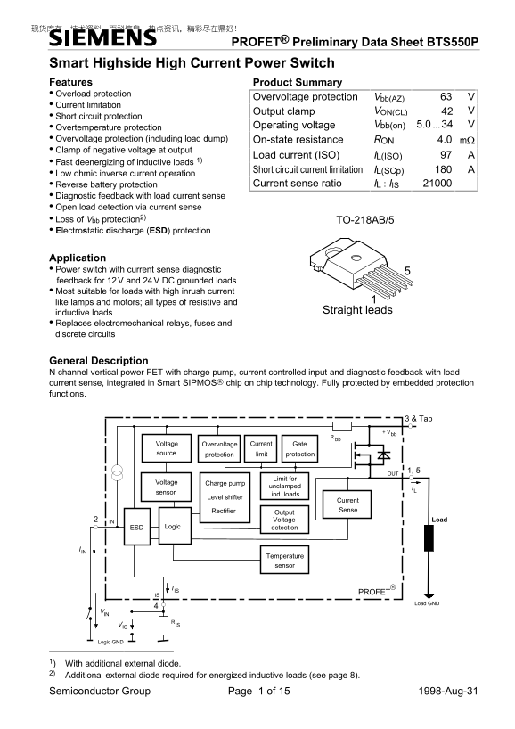 SIEMENS PROFET BTS550P Preliminary Data Sheet Owner's Manual User Guide - Page 1
