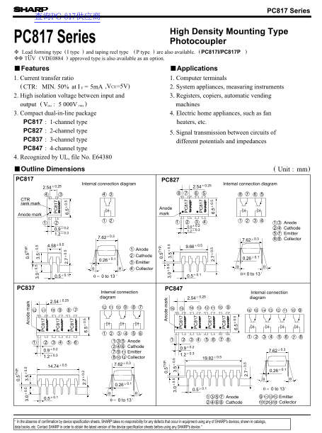 SHARP PC817 Series Data Sheet - Page 1