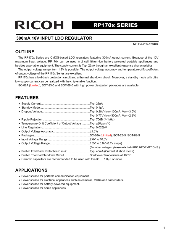 RICOH RP170x SERIES 300mA 10V INPUT LDO REGULATOR - Page 1