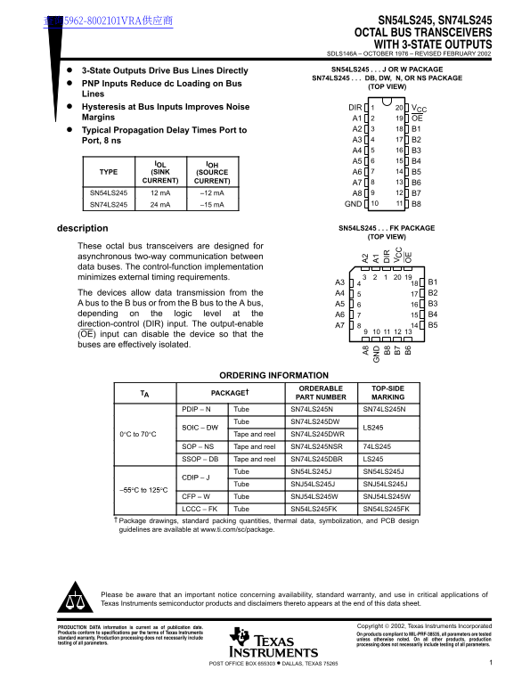 Texas Instruments SN54LS245, SN74LS245 Octal Bus Transceivers with 3-State Outputs: Data Manual/Owner's Guide - Page 1