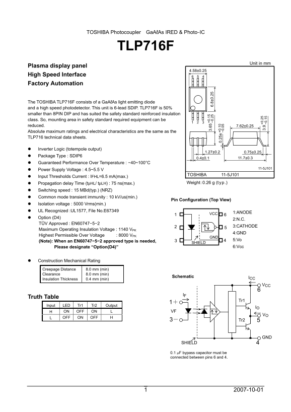 Toshiba Photocoupler GaAℓAs IRED & Photo-IC TLP716F Owner's Manual - Page 1