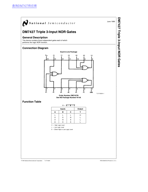 National Semiconductor DM7427 Data Sheet - Page 1