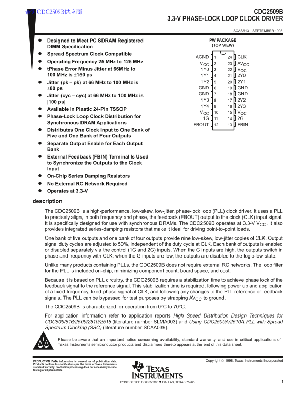 Texas Instruments CDC2509B 3.3-V Phase-Lock Loop Clock Driver Data Sheet - Page 1