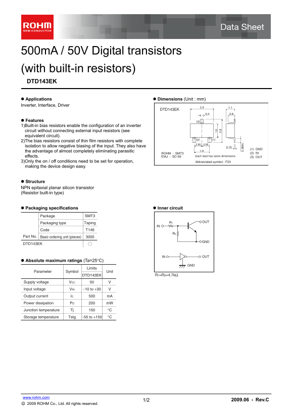 ROHM DTD143EK Data Sheet - Page 1