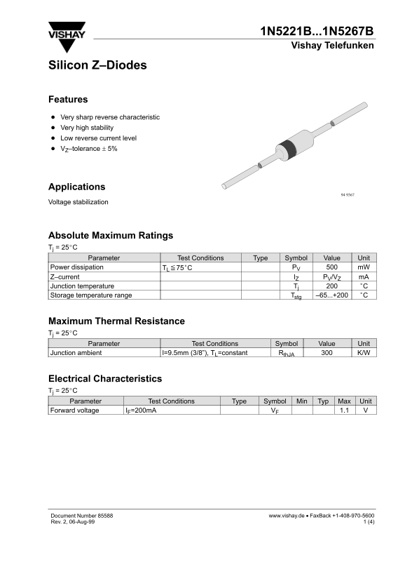 Vishay 1N5221B to 1N5267B Data Sheet - Page 1