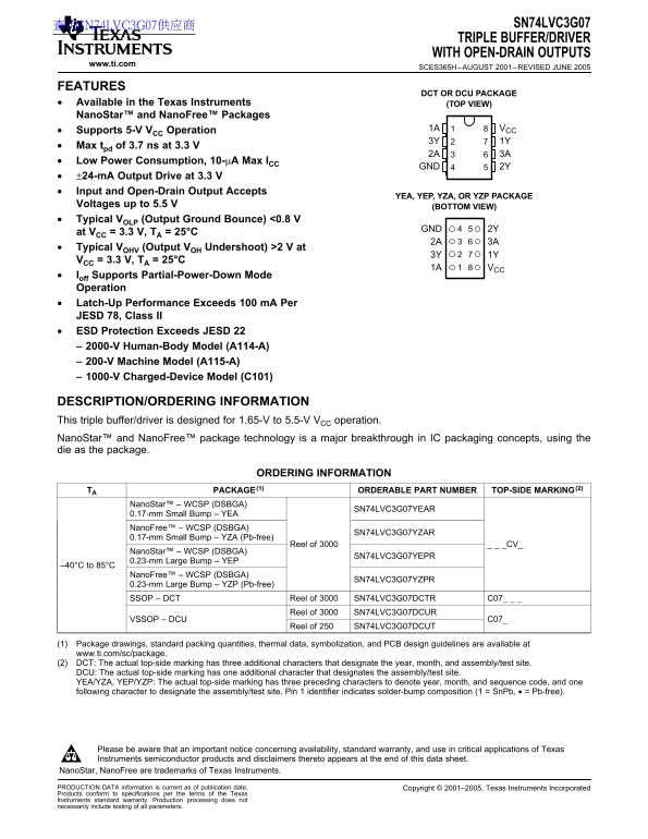Texas Instruments SN74LVC3G07 Data Sheet - Page 1