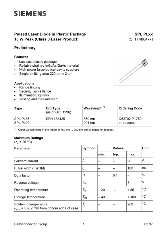 Siemens SPL SPLxx SFH 4884xx Data Handbook/Manual - Page 1