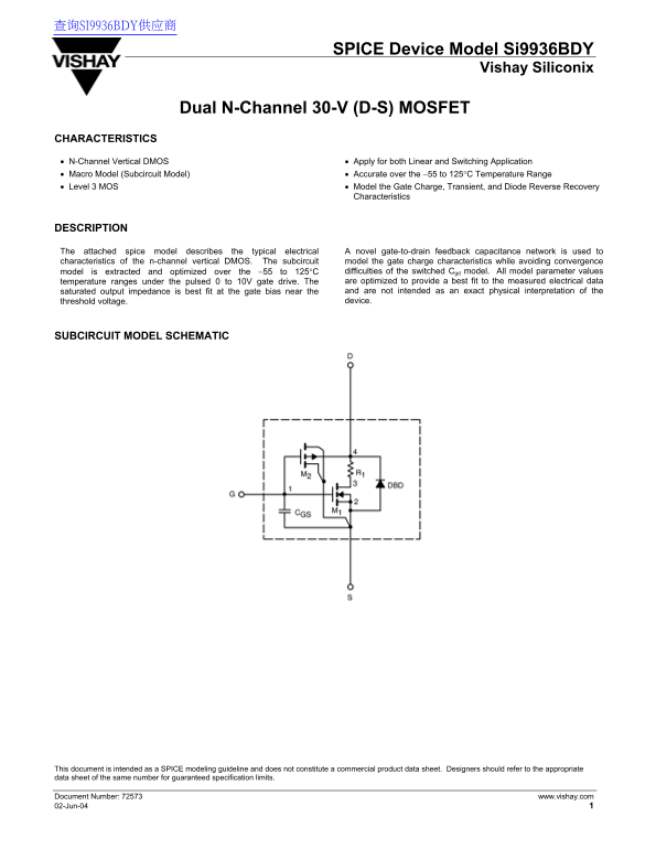 Vishay SPICE Device Model Si9936BDY Dual N-Channel 30-V (D-S) MOSFET Data Manual - Page 1