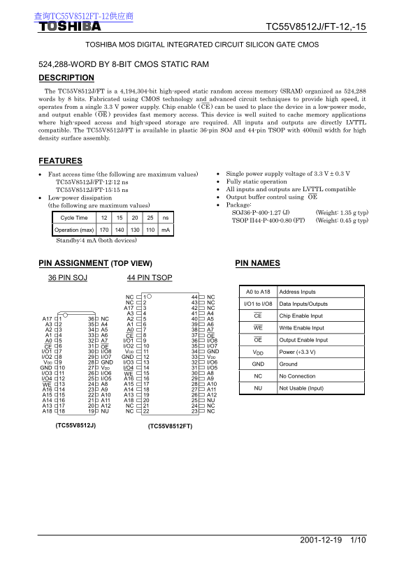 Toshiba TOSHIBA TC55V8512J FT-12,-15 Data Sheet - Page 1