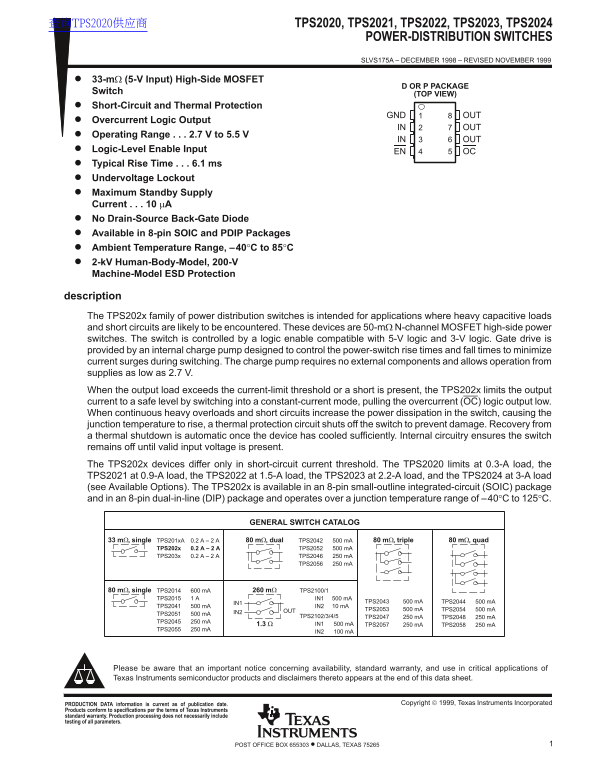 Texas Instruments TPS2020, TPS2021, TPS2022, TPS2023, TPS2024 Power-Distribution Switches Data Sheet - Page 1