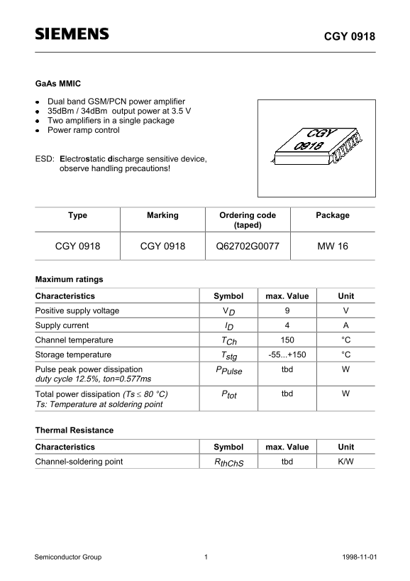 Siemens CGY0918 Data Sheet - Page 1