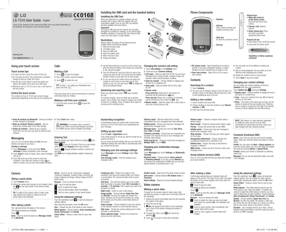 LG T310 Product Specifications DIGICEL (NEW ZEALAND) User Guide - Page 1