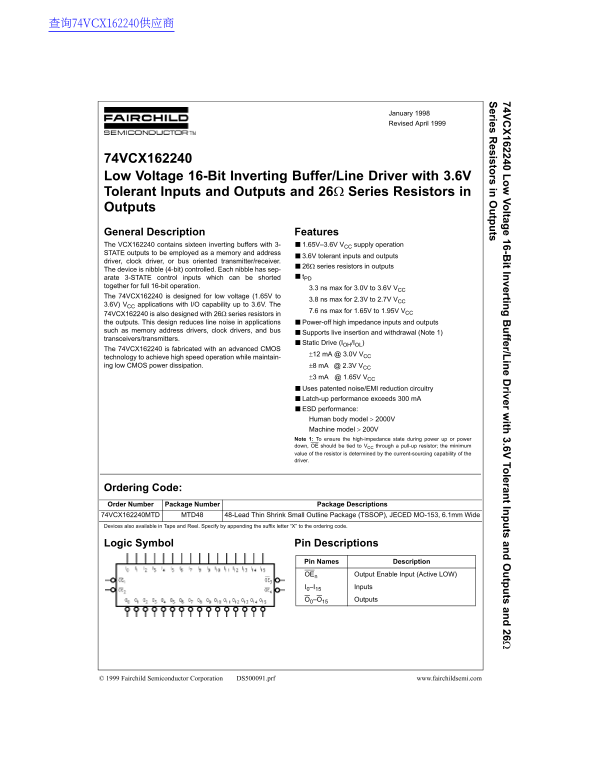 Fairchild 74VCX162240 Data Handbook - Page 1
