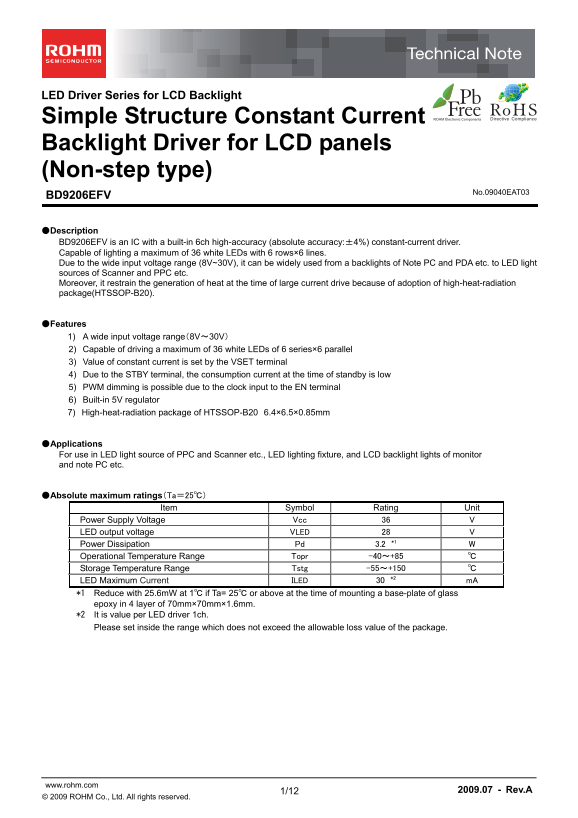 ROHM BD9206EFV Data Sheet - Page 1