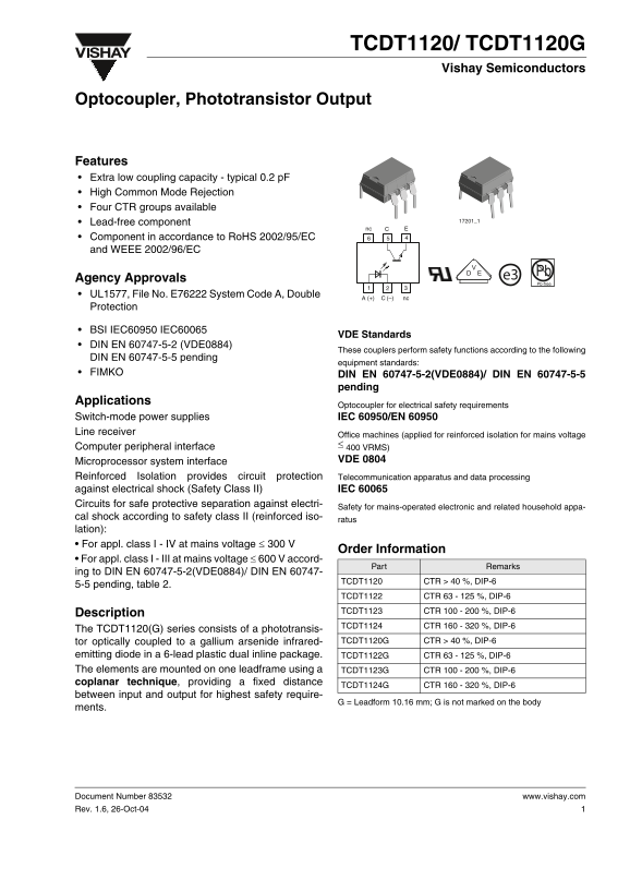 VISHAY TCDT1120 TCDT1120G Optocoupler, Phototransistor Output User Manual - Data Sheet - Page 1