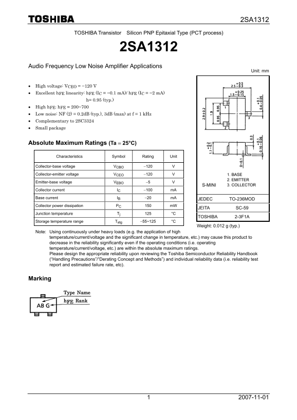 Toshiba TOSHIBA Transistor Silicon PNP Epitaxial Type (PCT process) 2SA1312 Data Sheet - Page 1