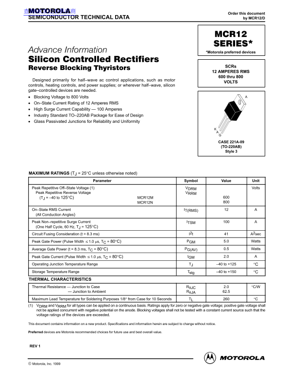 MOTOROLA MCR12 Series Data Sheet - Page 1