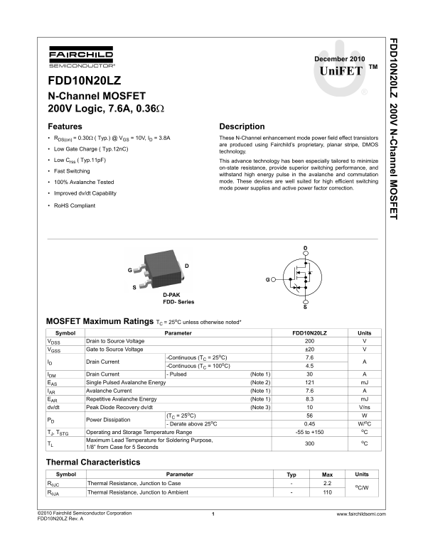 Fairchild FDD10N20LZ N-Channel MOSFET Data Handbook - Page 1