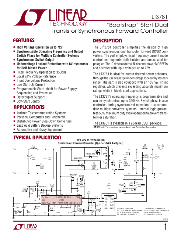 LINEAR TECHNOLOGY LT3781 Data Sheet - Page 1