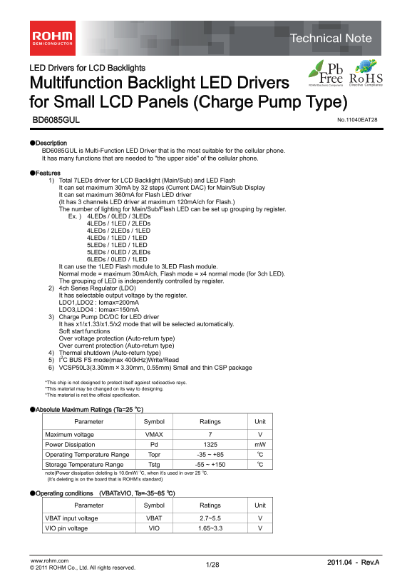 ROHM BD6085GUL Data Sheet - Page 1