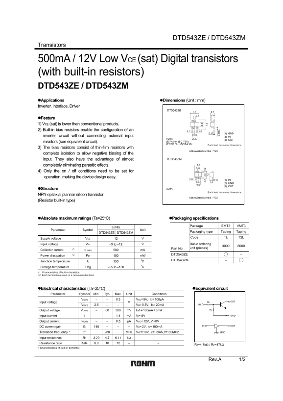 ROHM DTD543ZE DTD543ZM Data Sheet - Page 1