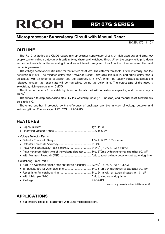 RICOH R5107G SERIES Microprocessor Supervisory Circuit with Manual Reset Data Sheet User Manual - Page 1