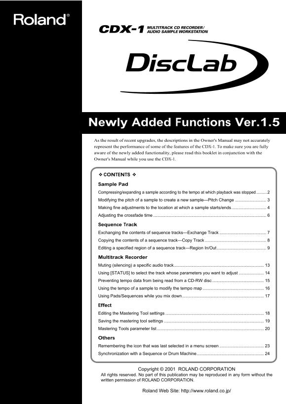 Roland CDX-1 DiscLab Addendum User's Manual - Page 1