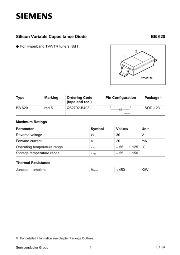 Siemens Silicon Variable Capacitance Diode BB 620 User's Manual - Page 1