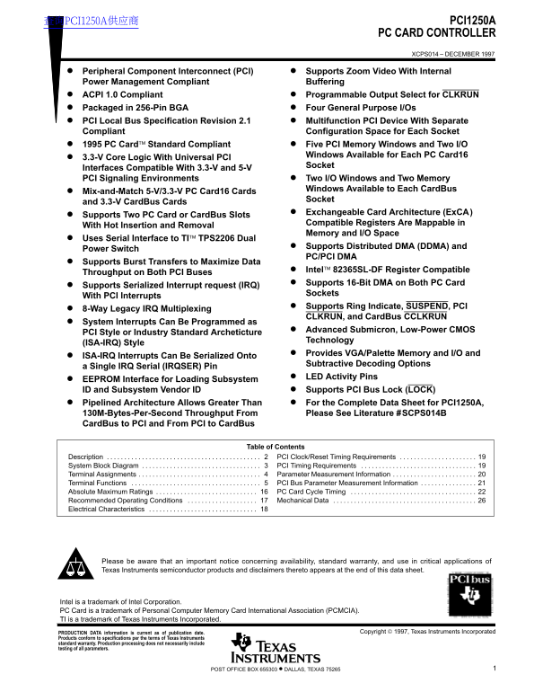 Texas Instruments PCI1250A PC Card Controller Data Sheet User's Manual - Page 1