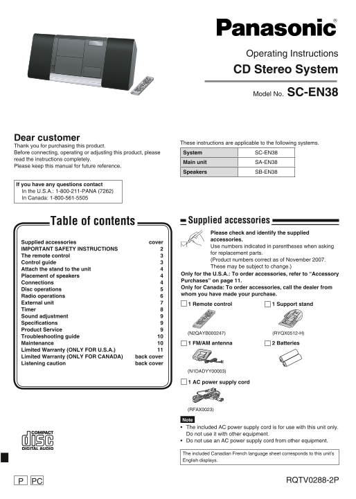 Panasonic SC-EN38 User's Manual - Page 1