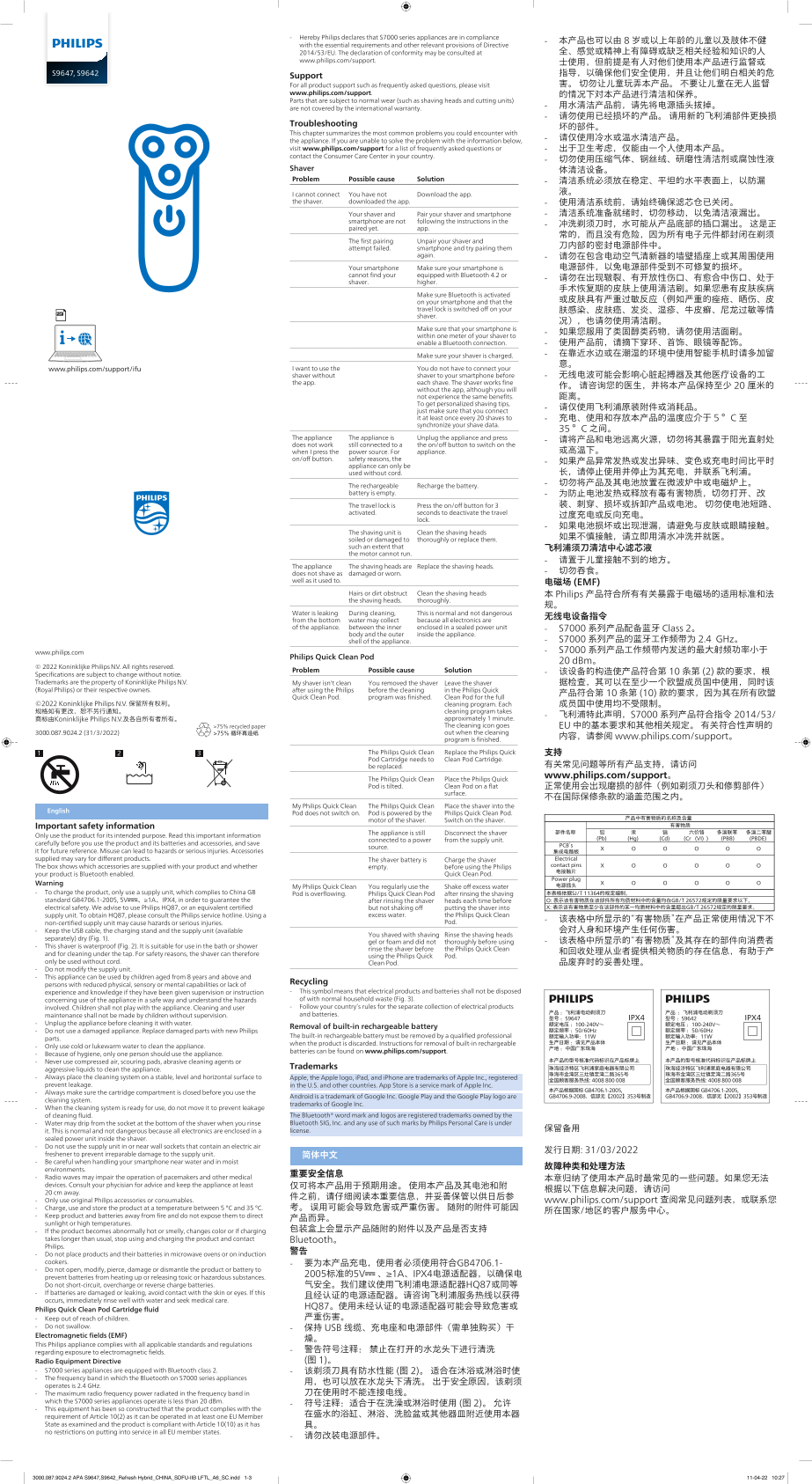 Philips Shaver series 9000 Wet & Dry Electric Shaver S9642 37 Product Support & User Manual - Page 1
