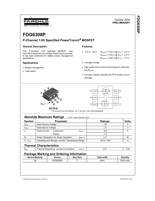 Fairchild FDG6308P P-Channel 1.8V Specified PowerTrench MOSFET datasheet - Page 1