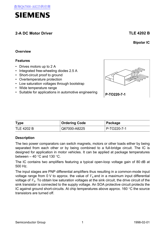 SIEMENS TLE 4202 B Data Sheet - Page 1