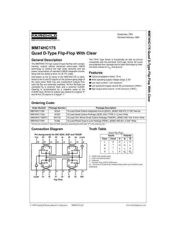 Fairchild MM74HC175 Quad D-Type Flip-Flop With Clear Data Sheet - Page 1